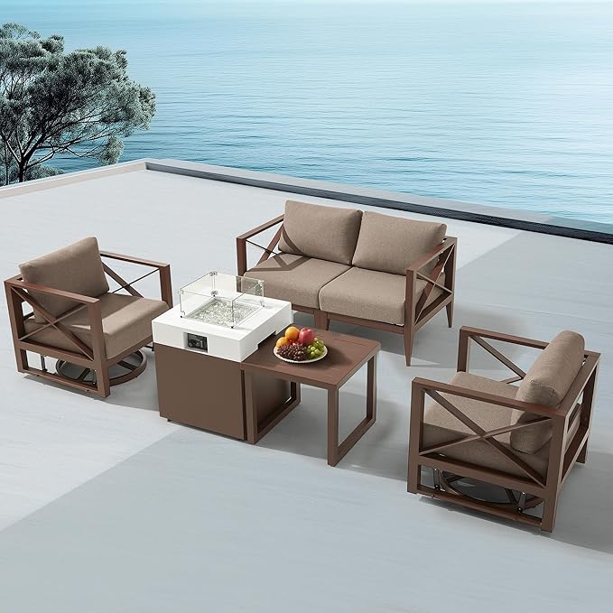 MBY 4-Seat Aluminum Patio Furniture Set with Fire Pit – Outdoor Conversation Set with 2 Swivel Rocking Chairs & 37,000 BTU Propane Table, All-Weather for Balcony & Garden – Brown