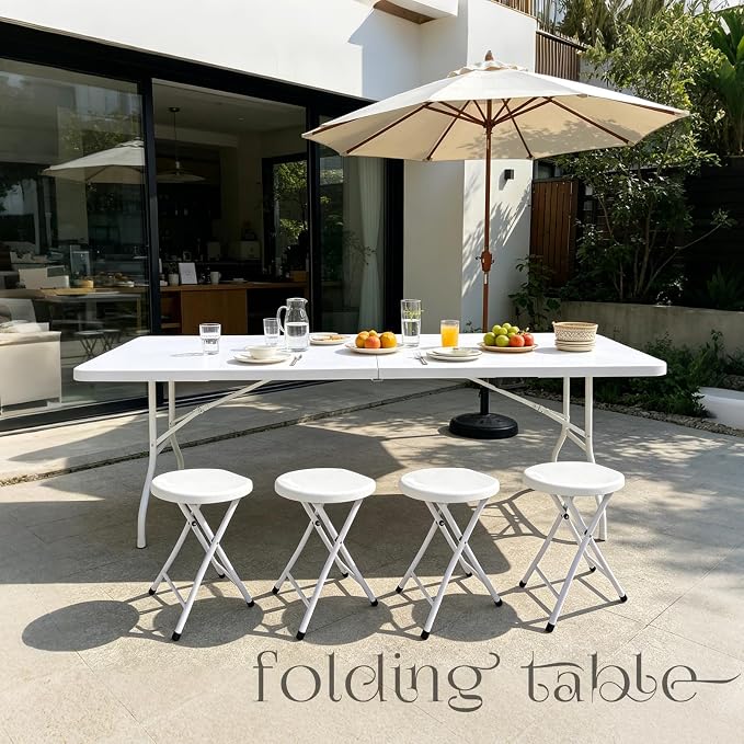 Portable Plastic Folding Table 4ft/6ft/8ft Heavy Duty White Black Picnic Dining Table Fold-in-Half for Camp Party Kitchen Indoor Outdoor