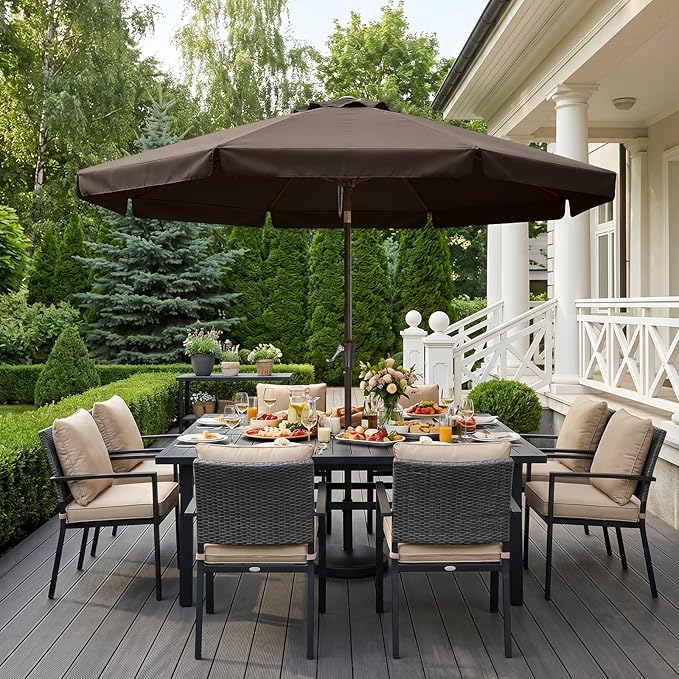 ABCCANOPY 9ft Scalloped Patio Umbrella, Outdoor Table Umbrella with Tilt and Crank, Fiberglass Ribs Deck Umbrella for Patio, Pool, Garden, Picnic (Brown)