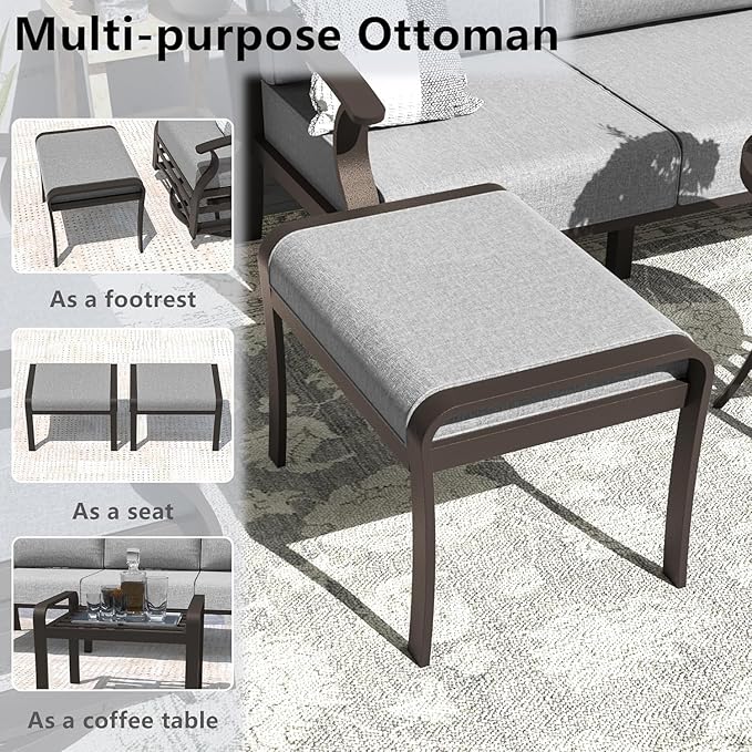Kullavik Aluminum Set with 2 Swivel Chairs, 9-Seat Metal Outdoor Sectional Sofas Conversation with 2 Ottomans for Backyard, Poolside, Grey