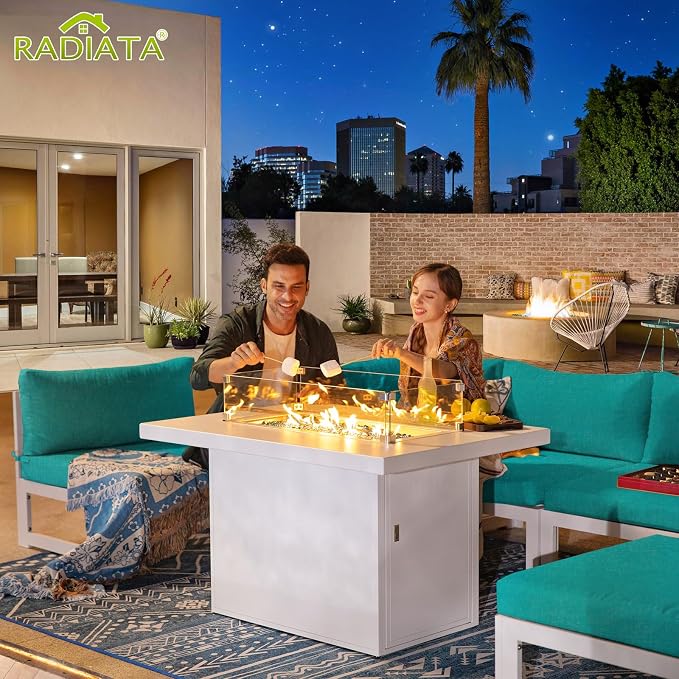 RADIATA Oversized Modern Aluminum Patio Furniture Set with Lounge Chair & Fire Pit Table, 29" Wide Deep Seated, Comfy Outdoor Sectional Sofa Set of 11, 500 lbs Heavy Duty Conversation Set, Turquoise