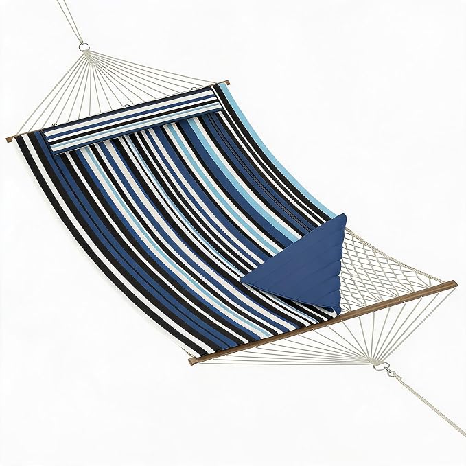 Garvee Double Quilted Fabric Hammock with Hardwood Spreader Bars and Pillow 450 LBS Capacity 2 Person Large Hammock for Outdoor Patio, Backyard, Poolside（Dark and Light Blue Stripes）