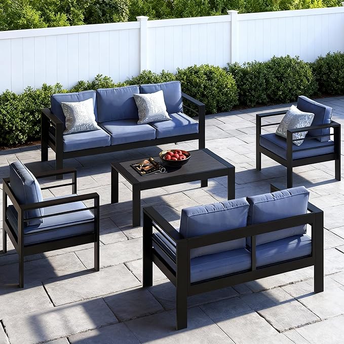 Outdoor Conversation Sets, Aluminum Patio Couch with Outdoor Coffee Table, All-Weather Metal Patio Couch with 5" Thick and Soft Cushion and Wide Arm, Outdoor Sofa Sets for Balcony, Porch, Dark Blue