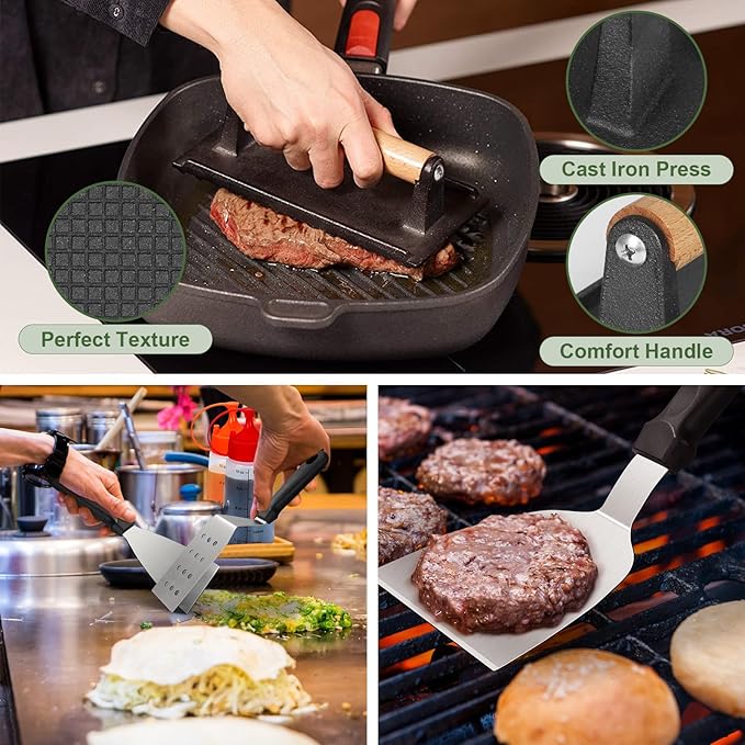 20PCS Griddle Accessories Kit, Flat Top Grill Accessories Set for Blackstone and Camp Chef, Grill Spatula Set with Enlarged Spatulas, Basting Cover, lron Smash Burger Press for Outdoor Barbecue