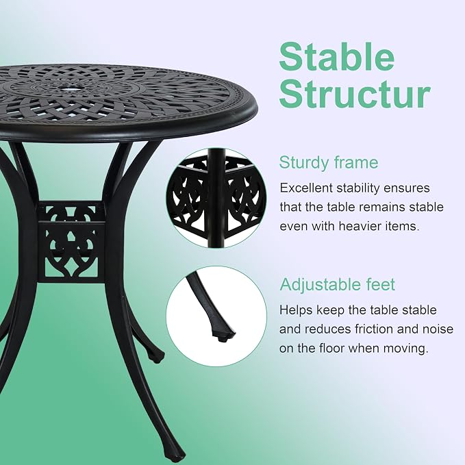 30.3" Patio Bistro Table Cast Aluminum Patio Table,Metal Patio Dining Table with Umbrella Hole,All Weather Outdoor Bistro Dining Table for Backyard, Garden, Balcony, Bronze