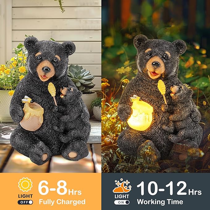 GIGALUMI Solar Garden Statues Bears 9", Loving Black Bear Decor, Yard Decorations Outdoor, Bear Figurine Lights for Outside, Garden Decor Unique Birthday Housewarming Gifts for Women, Mom