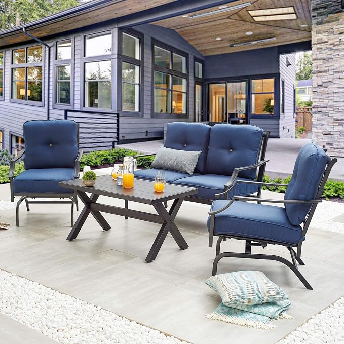 4 Pices Patio Furniture Conversation Set,Metal Outdoor Furniture Set w/All Weather Cushioned Loveseat,Poolside Lawn Chairs,Coffee Table