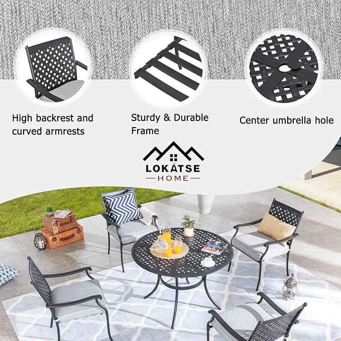 LOKATSE Home 5 Piece Outdoor Patio Metal Dining 4 Iron Arm Chairs with Seat Cushions and 1 Table with Umbrella Hole, Grey-Set