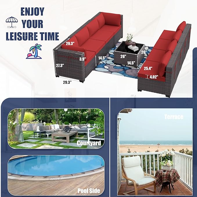 Patio Furniture Set 7PCS Outdoor Furniture for Backyard Sectional Sofa Set, Rattan Wicker Patio Conversation Set with 4 Inch Thickened Cushions and Glass Coffee Table, Red
