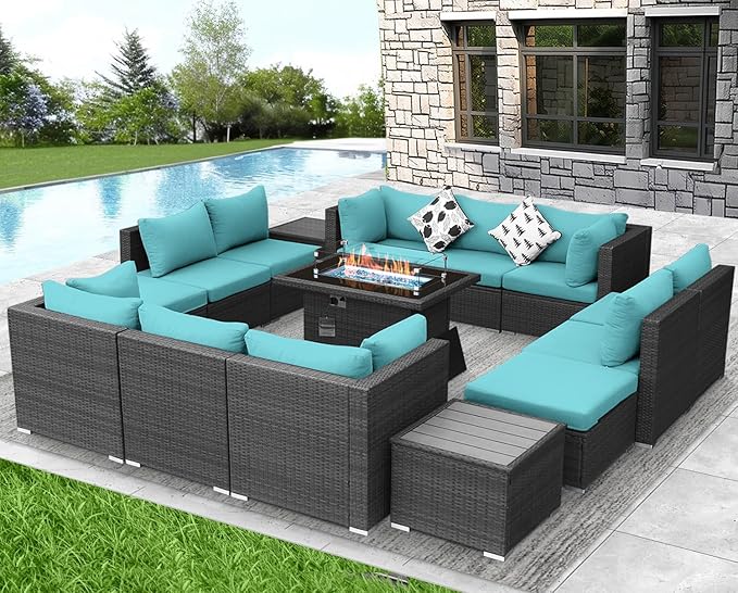 NICESOUL 15 Piece Outdoor Sectional with Fire Pit Table, Modern Luxury Patio Deep Seating w/Firepit, 29.3'' High-Back Wicker Couch Thick, Big High-Weight Capacity Sofa for Terrace, Yard, Gray & Teal