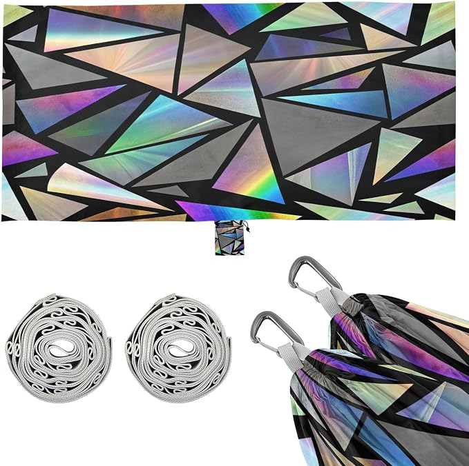 Iridescent Triangles Camping Hammock, Portable Lightweight Single Hammock with Tree Straps and Aluminum Carabiners, 114" x 54" Travel Hammock for Hiking Backpacking Beach