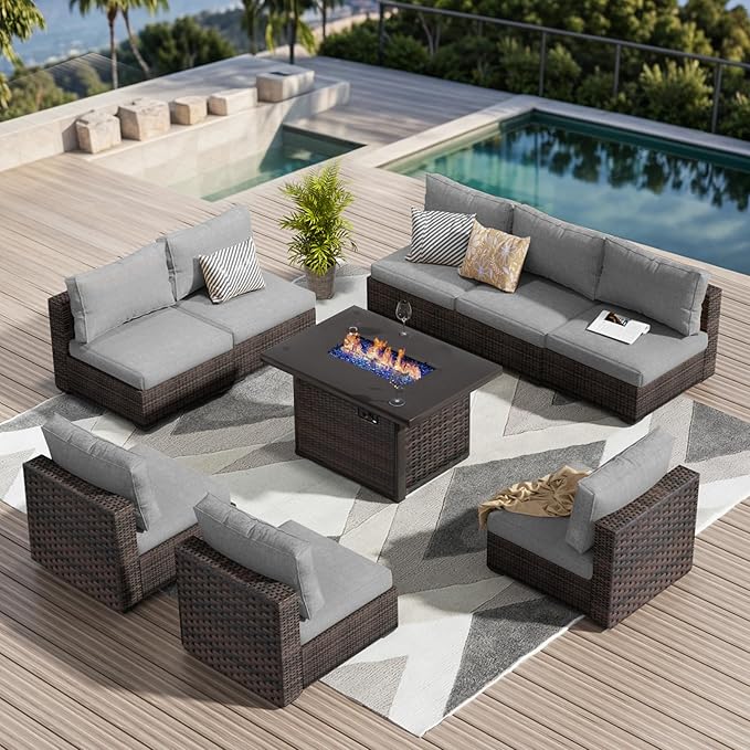 9 Pieces Outdoor Sectional Patio Furniture Set with Fire Pit Table PE Rattan Wicker Patio Sectional Armless Conversation Set with Cushions Grey
