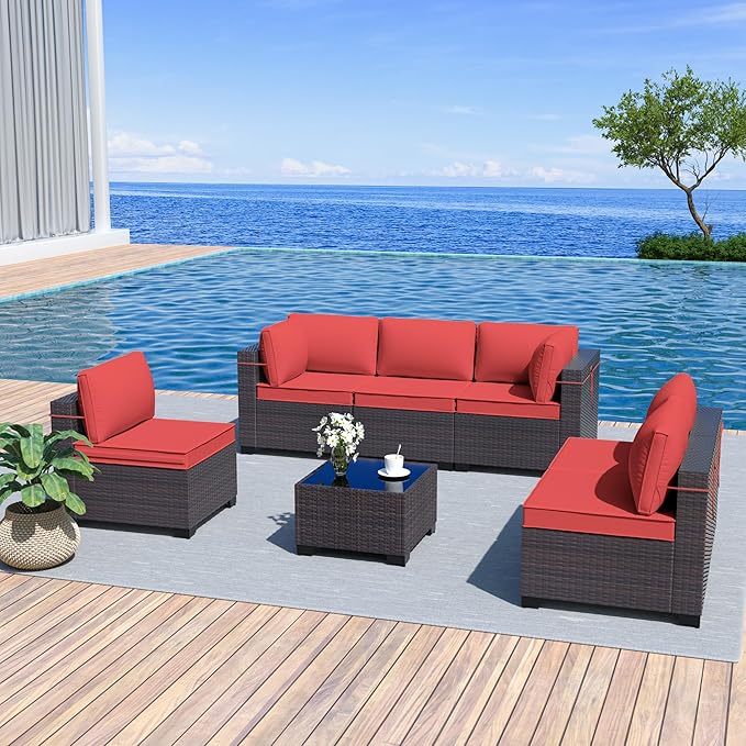 Patio Furniture Set 7PCS Outdoor Furniture for Backyard Sectional Sofa Set, Rattan Wicker Patio Conversation Set with 4 Inch Thickened Cushions and Glass Coffee Table, Red