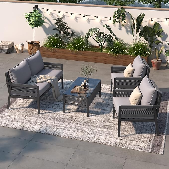 Harper & Bright Designs K&K 4-Piece Rope Patio Furniture Set, Outdoor Furniture with Tempered Glass Table, Patio Conversation Set Deep Seating with Thick Cushion for Backyard Porch Balcony (Grey)