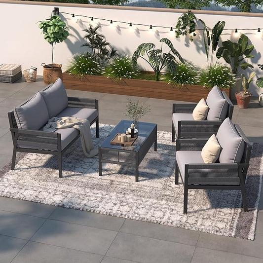 Harper & Bright Designs K&K 4-Piece Rope Patio Furniture Set, Outdoor Furniture with Tempered Glass Table, Patio Conversation Set Deep Seating with Thick Cushion for Backyard Porch Balcony (Grey)