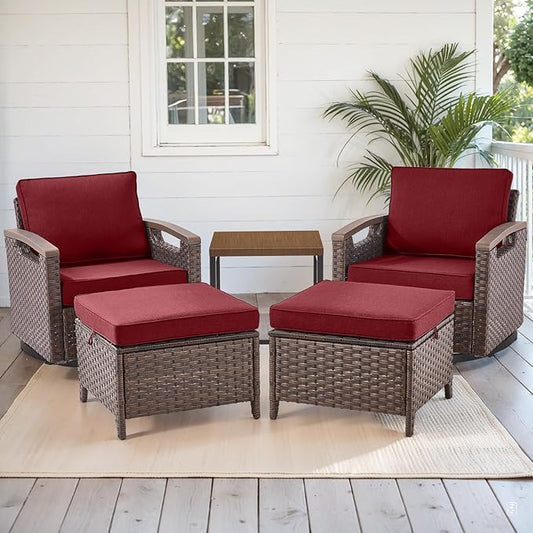 Rilyson Wicker Outdoor Patio Furniture Set - 5 Piece Patio Conversation Sets with Swivel Rocker Chairs, Ottomans and Side Table, Thick Cushions, Waterproof Wicker, for Porch Deck Brown/Red