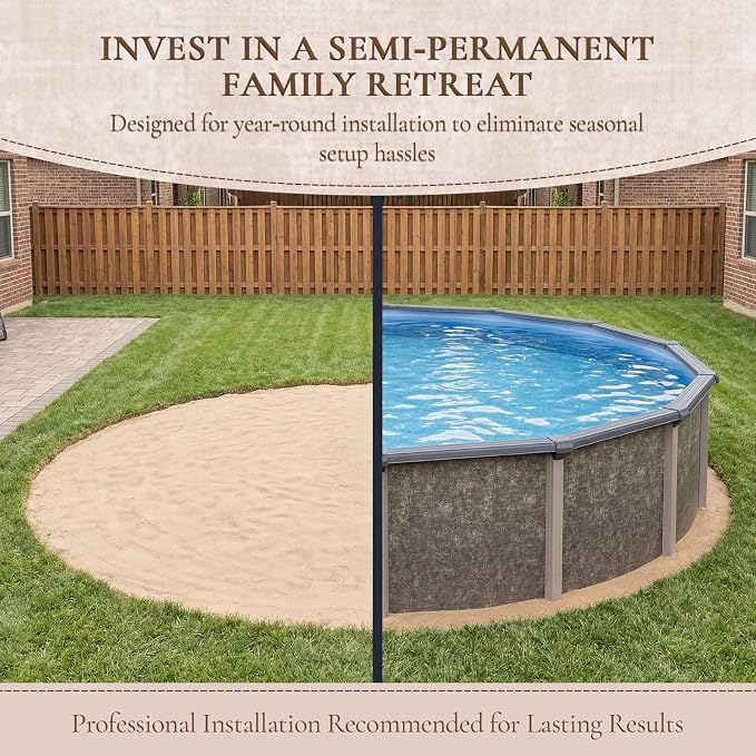 Blue Wave Riviera 24-ft Round 54-in Deep Hard Sided Above Ground Pool with Resin Top Seats, Steel Verticals, Dual-Speed Sand Filter System, Ladder, Liner, Skimmer & Maintenance Kit – 13,500 Gal Cap