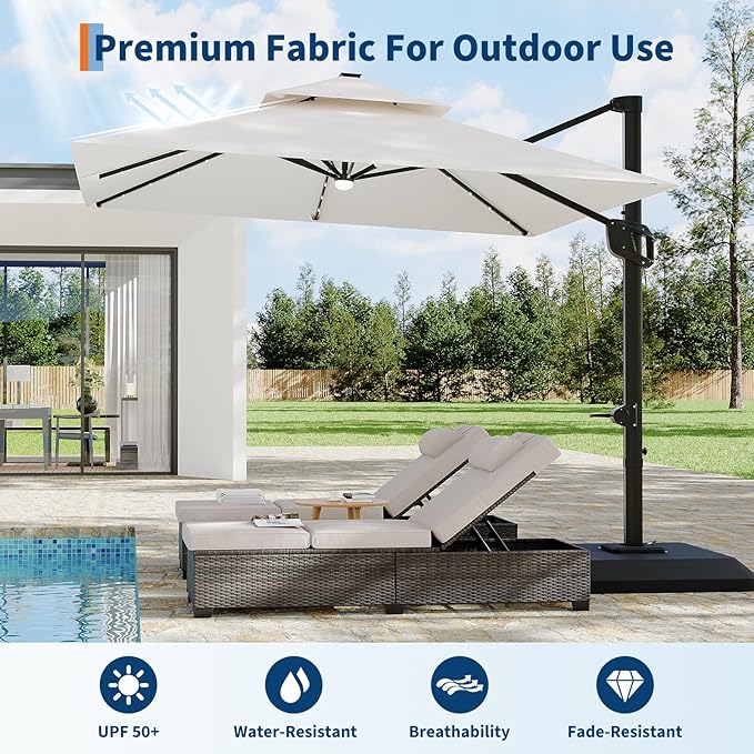 Garvee 10 ft Cantilever Patio Umbrella with Solar Lights, 360° Rotation Offset Umbrella, Easy Crank & Tilt Adjustment, UV Protection for Backyard, Poolside, Deck -Beige