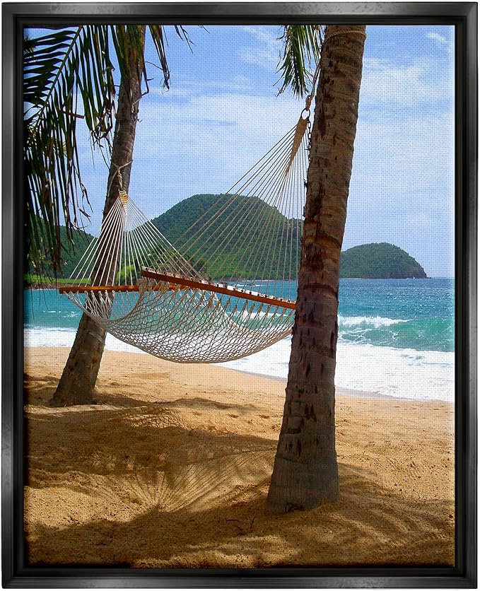 Stupell Industries Hammock on Palm Trees Black Framed Floater Canvas Wall Art Design by Noah Bay