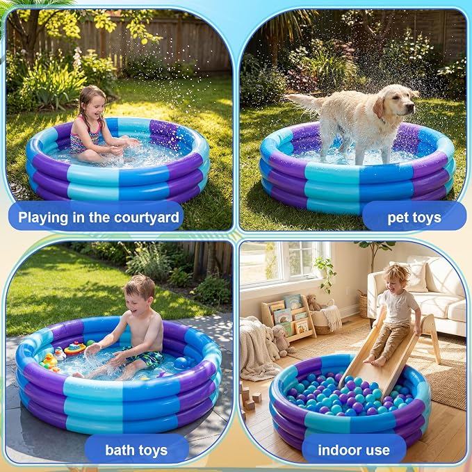 VioraWhite 4 Pack Inflatable Kiddie Pool for Toddlers 34"x10" Blue Stripe Blow up Kids Swimming Pool Small 3 Rings Round Baby Pools for Indoor Outdoor Water Game Play Center