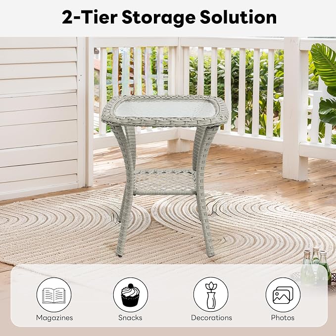 Belord Small Outdoor Side Table Tempered Glass Wicker Table - Waterproof Patio Coffee Table Rattan End Table with Storage, Light Gray 20x20x22 inch