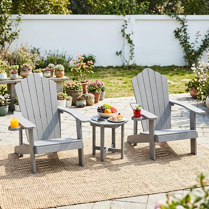 Tangkula Round Outdoor Side Table Set of 2, Adirondack Side Table with Weather-Resistant, Waterproof Top, Small Outside End Table for Patio Deck Pool Porch, Easy Maintenance (Grey,2)
