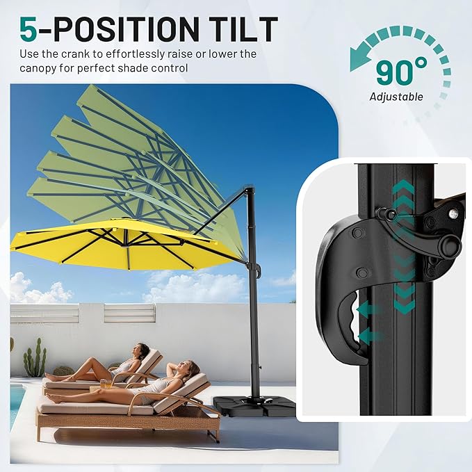 AreShark 11FT Round Cantilever Patio Umbrella with Base Included, 360° Rotation Offset Outdoor Umbrella, 5 Tilt Settings Heavy Duty Hanging Parasol for Deck Garden Pool, Yellow