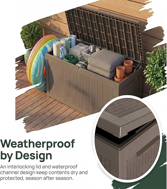 319 Gallon Extra Large Outdoor Storage Box, Waterproof Deck Box with Lockable Lid, Resin Outside Storage Box for Patio Furniture, Pool Accessories,Garden Tools, Storage Bench for Backyard, Gray Coffee