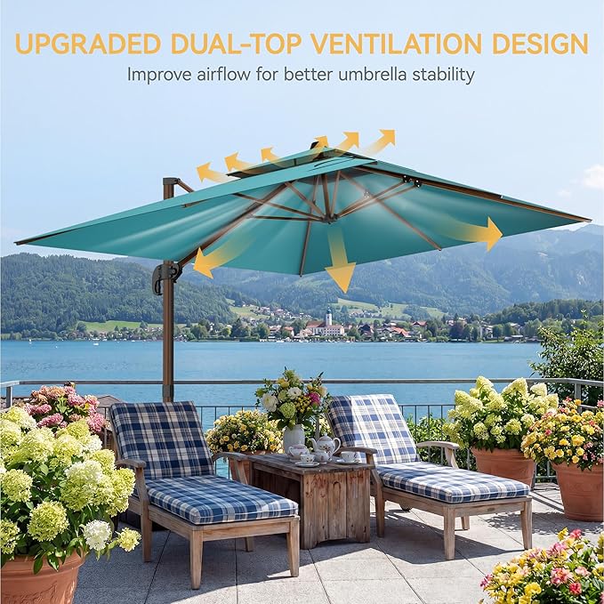 10x13 FT Wood Pattern Patio Umbrella, Large Deluxe Cantilever Rectangular Double Top Heavy Duty Offset Umbrellas with 360° Rotation, Outdoor shade for Garden Deck Pool Patio, Turquoise