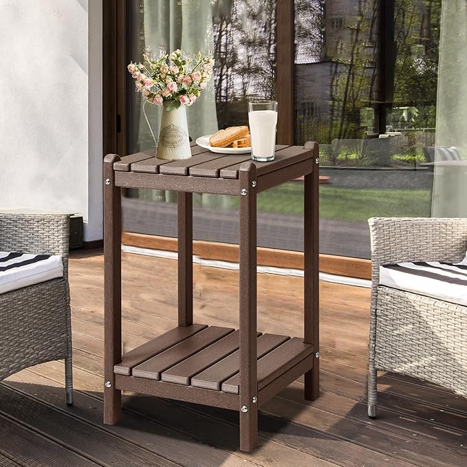 LZRS 24" Double Adirondack Outdoor Side Table, Pool Composite Patio Table,HDPE End Tables for Backyard,Pool, Indoor Companion, Easy Maintenance & Weather Resistant(Brown)