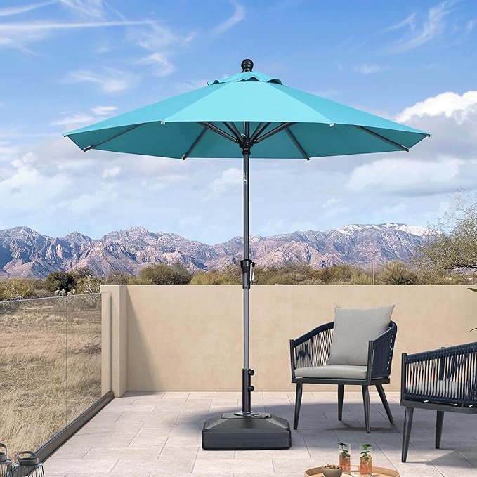 PURPLE LEAF 8' Round Patio Umbrella Outdoor Table Umbrella Aluminum Frame Market Umbrella Sun Umbrella with 8 Sturdy Ribs Tilt for Garden Deck Lawn Pool Turquoise Blue