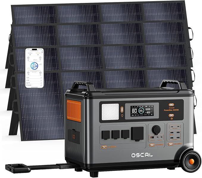 OSCAL 3600W Portable Solar Power Station with 4x400W Solar Panels, PowerMax 3600SE 3600Wh Solar Generator, 1800W AC/ 1600W Solar Fase Charging, LiFePO4 Battery Power Station for Home, RV, Emergencies