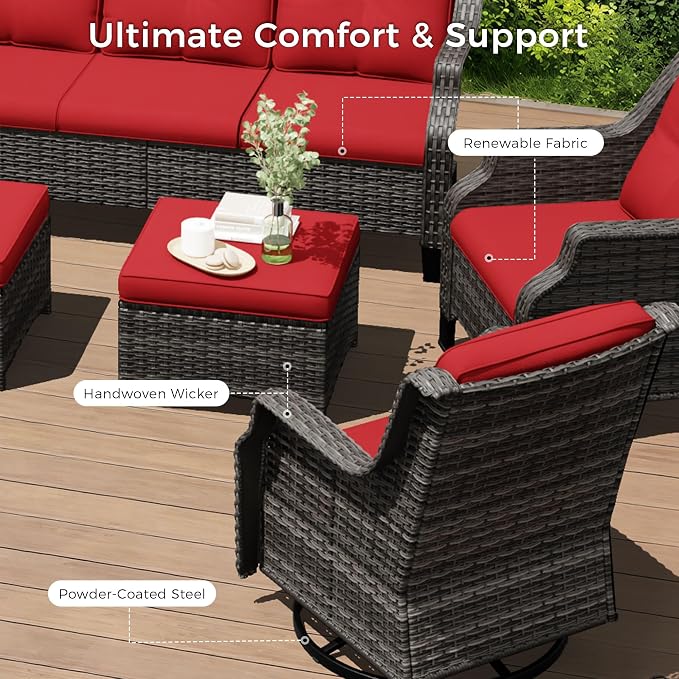 Outdoor Patio Furniture Set, 7 Piece Wicker Patio Furniture with Thick Cushions, Curved Armrest, Deep Seating, Outdoor Swivel Rocker Chairs for Porch, Deck, Balcony