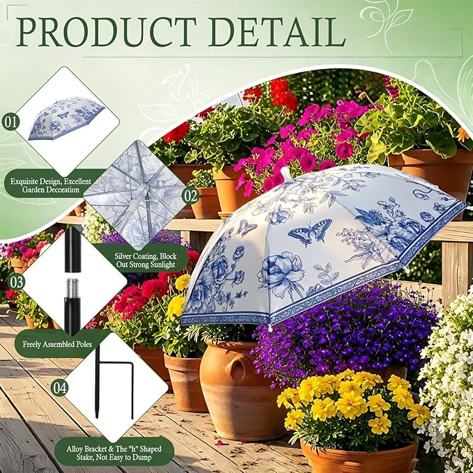Hillban 6 Pack Plant Shade Umbrellas for Outdoor Plants 23.6" Large Garden Umbrella Shade for Potted Flower with Adjustable 40" H Sunshade Cover for Patio Garden Bed Flowers(Blue and White Porcelain)