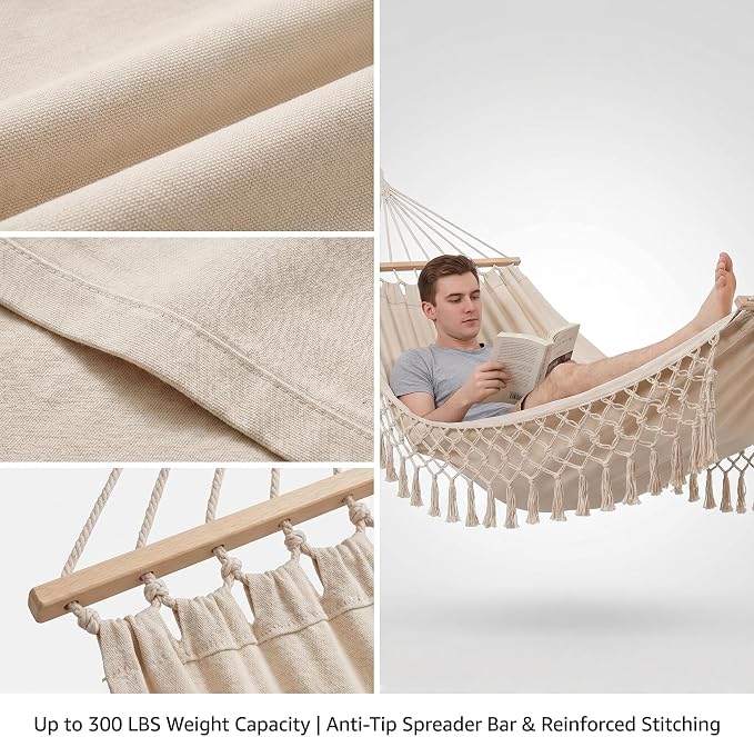Bohemian Canvas Hammock with Tassels, 79"x39", 300 lbs, White | Soft Breathable Cotton Canvas Hammock,79x39in,2 Hanging Straps Wooden Bar;3 colors,compact for students renters dorm balcony