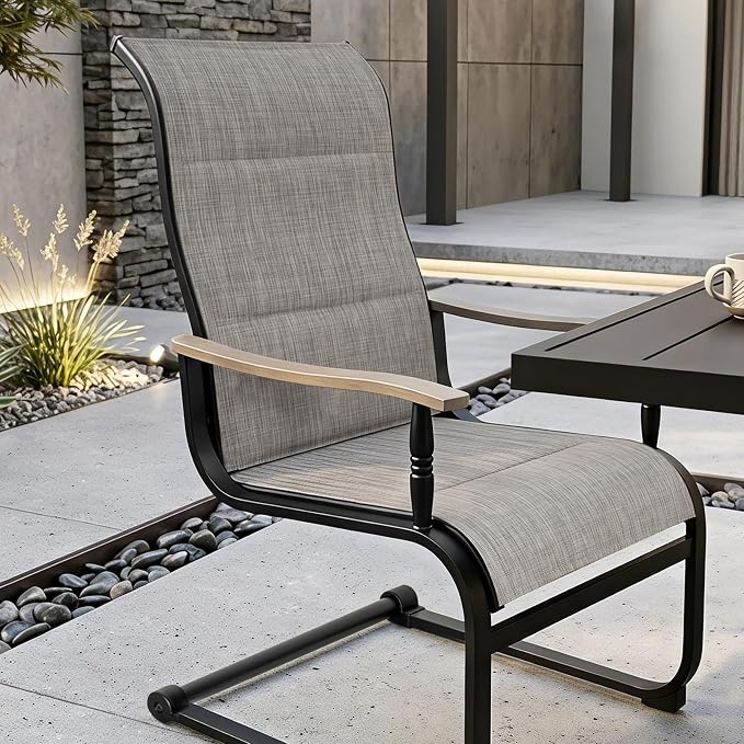 NUU GARDEN 5-Piece Outdoor Dining Set, Grayish Brown C-Spring Chairs | 37" square metal table with umbrella hole, 4 C-spring motion textilene chairs with stylish wood-grain armrests