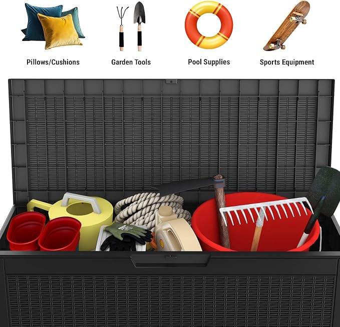 Mars Villa 60 Gallon Deck Box, Outdoor Storage Box Waterproof, Outside Resin Storage Bin for Outdoor Patio Furniture Cushion, Pool Supply, Garden Tool, UV-Resistant and Weatherproof, Rattan Black
