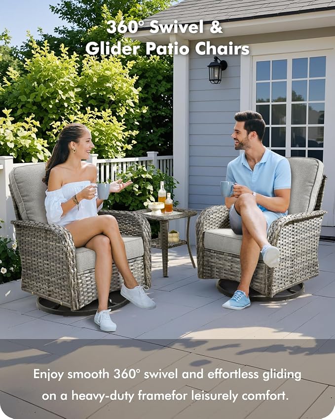 CAODOC 5 Pieces Patio Furniture Set,Outdoor Furniture with Rockers, Rattan Conversation Sets w/Coffee Table, Grey Wicker Light Dark Gray Cushion