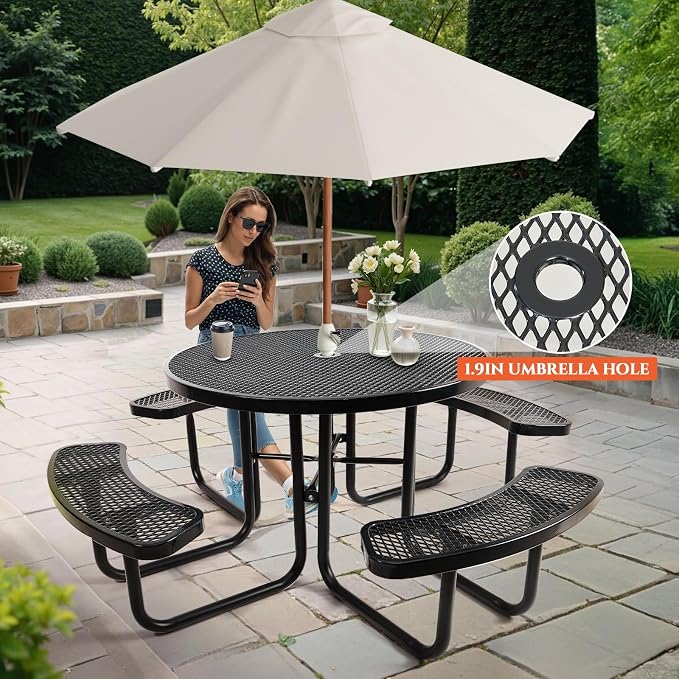 47'' Heavy Duty Picnic Round Table with Umbrella Hole, Expanded Meta Outdoor Metal Patio Dining Table Park Bench Set, Steel Mesh Outdoor Patio Furniture for Garden, Lawn, Patio, Porch, Park, Yard