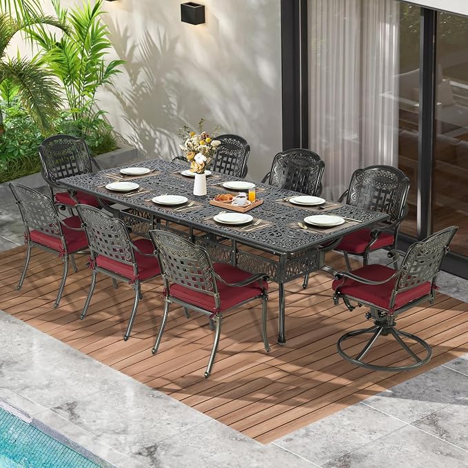 MEETWARM 9-Piece Outdoor Patio Dining Set for 8, All Weather Cast Aluminum Patio Funiture Table and Chairs Set- 94.5” Rectangular Table and 2 Swivel Rocker Chairs, 6 Stationary for Garden, Chili Red