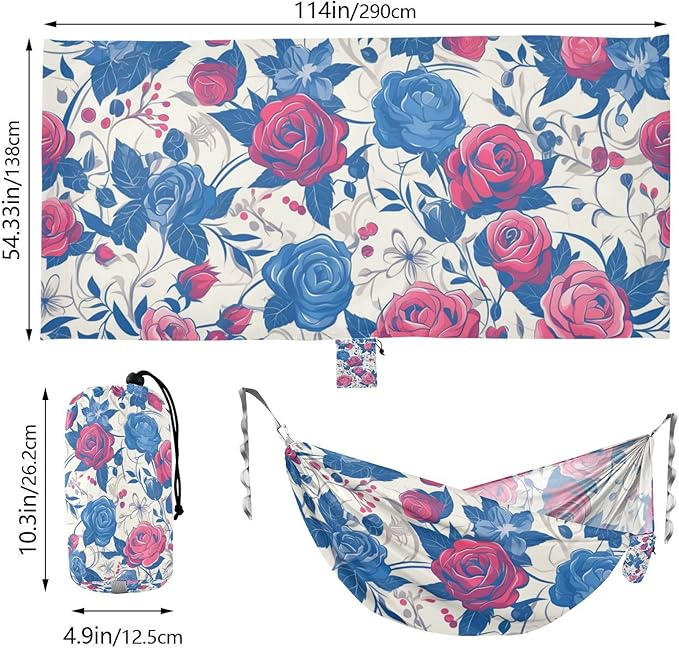 4th of July Independence Day Red and Blue Roses 330lb Capacity Outdoor Hammocks with Portabl Carry Bag Swing Hammock for Outside Patio Garden jamaca para Patio