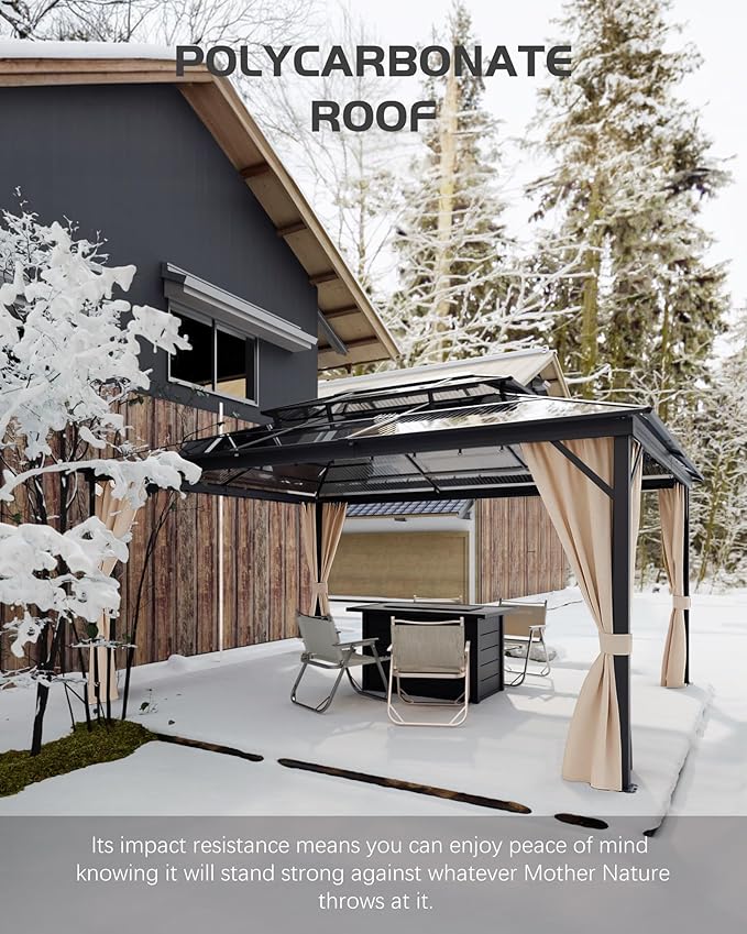 GarveeLife Hardtop Gazebo 12 ft x16 ft for All Weather, Double Polycarbonate Sheets Roof, Aluminum Alloy Frame, Net, and Curtain, Permanent Building for Patio, Deck, Backyard, Lawn, and Garden