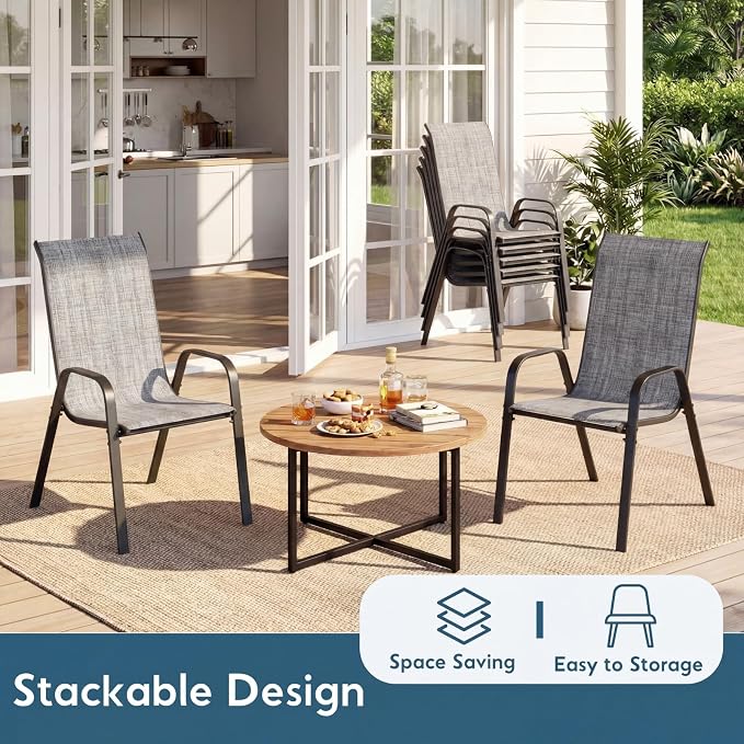 Arlopu 7-Piece Outdoor Table and Chairs for 6, Outdoor Dining Set W/Rectangle Glass Table and 6 Patio Textilene Stackable Chairs, Patio Furniture Set W/Umbrella Hole (Black Table & Grey Chair)