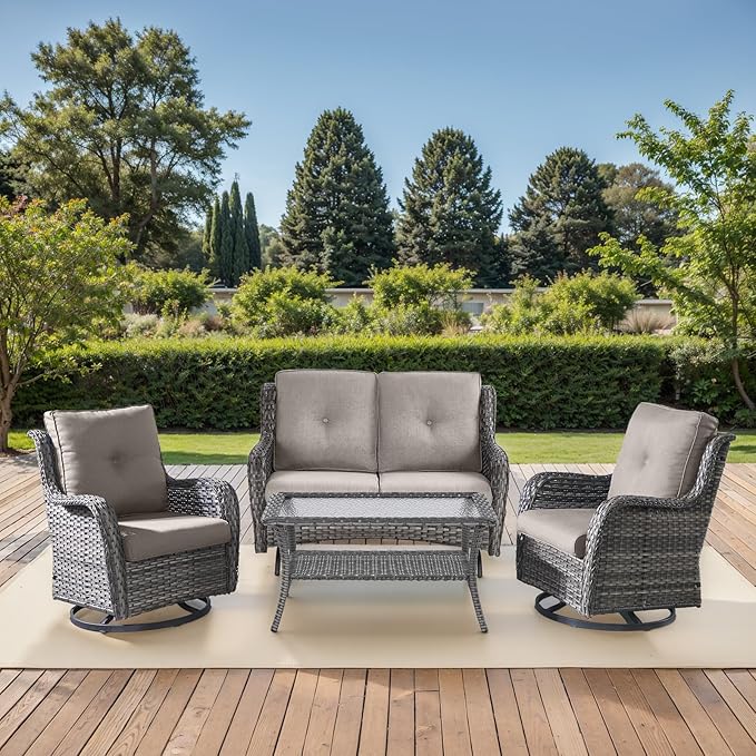 Patio Loveseat Glider Set, Resin Wicker Loveseat Glider with 2 Swivel Patio Chiars and Coffee Table, 4 Piece Patio Bistro Set Furniture Set Loveseat Set, Grey Wicker | Grey Cushions