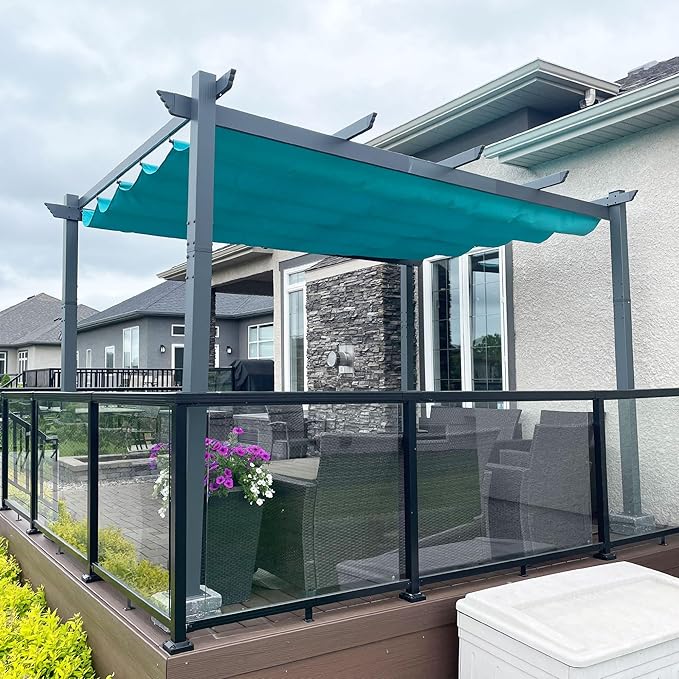PURPLE LEAF 10' X 12' Outdoor Retractable Pergola with Sun Shade Canopy Patio Metal Shelter for Garden Porch Beach Pavilion Grill Gazebo Modern Yard Grape Trellis Pergola, Turquoise Blue