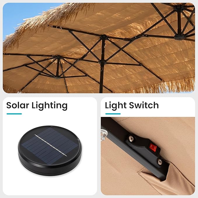 COSIEST 13FT Large Patio Umbrella with Solar Lights, Outdoor Double-Sided Tiki Umbrella, Rectangular Market Umbrella w Crank Handle for Garden、Pool、Deck Shade