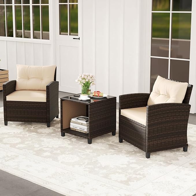 HAPPYGRILL 3 Pieces Patio Conversation Set, Outdoor Rattan Wicker Chairs & Coffee Table Set w/Cushions & Tempered Glass Tabletop, Porch Sofa Set for Backyard, Poolside