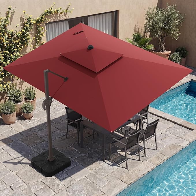 HASLE OUTFITTERS 9x12 FT Patio Cantilever Umbrella with Base, Outdoor Offset Large Rectangular Heavy Duty Double Top Umbrellas with 360° Rotation for Pool Garden Deck，Red