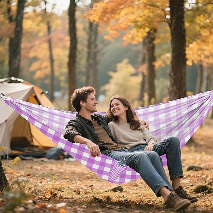 Purple and White Checkered 330lb Capacity Camping Hammock with Portabl Carry Bag Swing Hammock for Indoor Outdoor Patio hamaca con Base para adultos