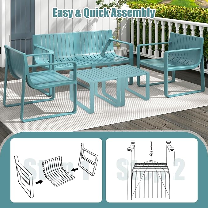 Tangkula 5-Piece Patio Furniture Set, Outdoor Conversation Set w/1 Loveseat, 2 Patio Chairs & 2 Side Tables, All-Weather Patio Bistro Set for Lawn, Backyard, Poolside, Balcony, Garden, Deck (Blue)